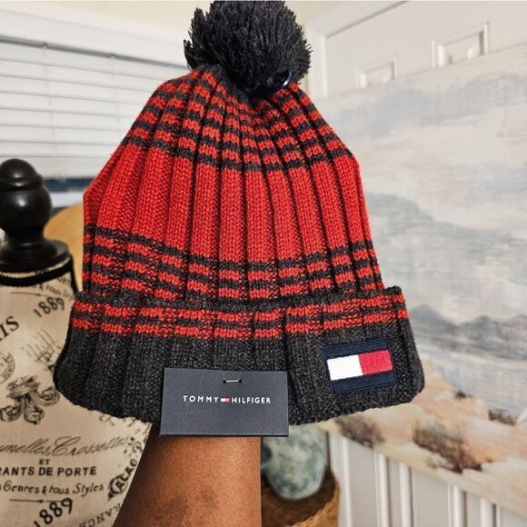 New Tommy Hilfiger Red & Grey Striped Beanie Hat